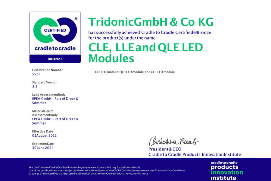 Certificación de sostenibilidad Cradle to Cradle Certified® bronce para Tridonic